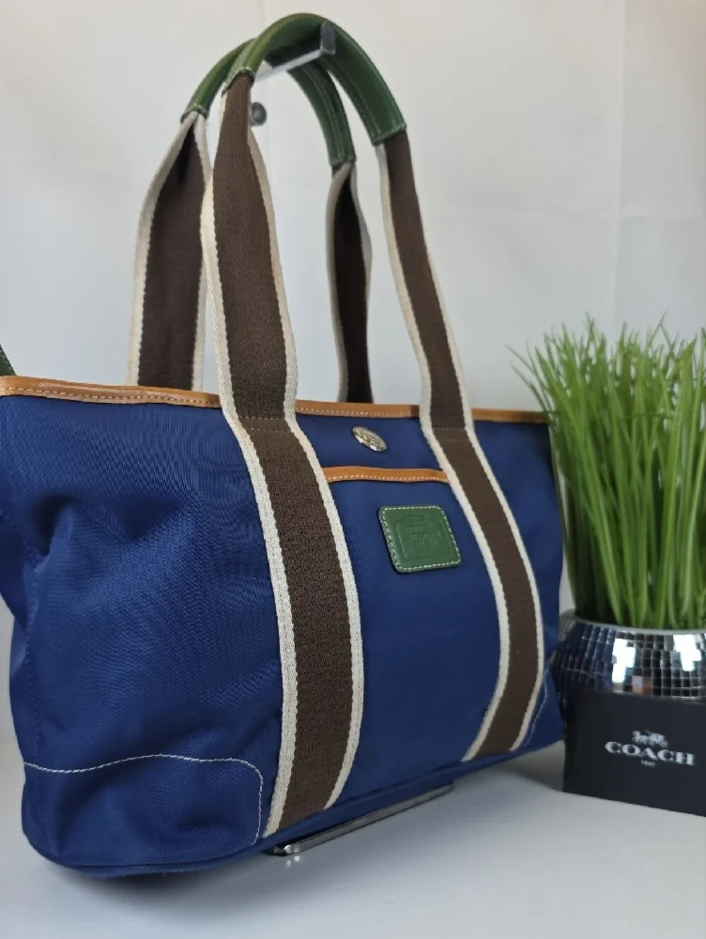 Coach Hampton Y2K Navy Canva Brown Cream Striped Web Handles Green Trim Tote Bag